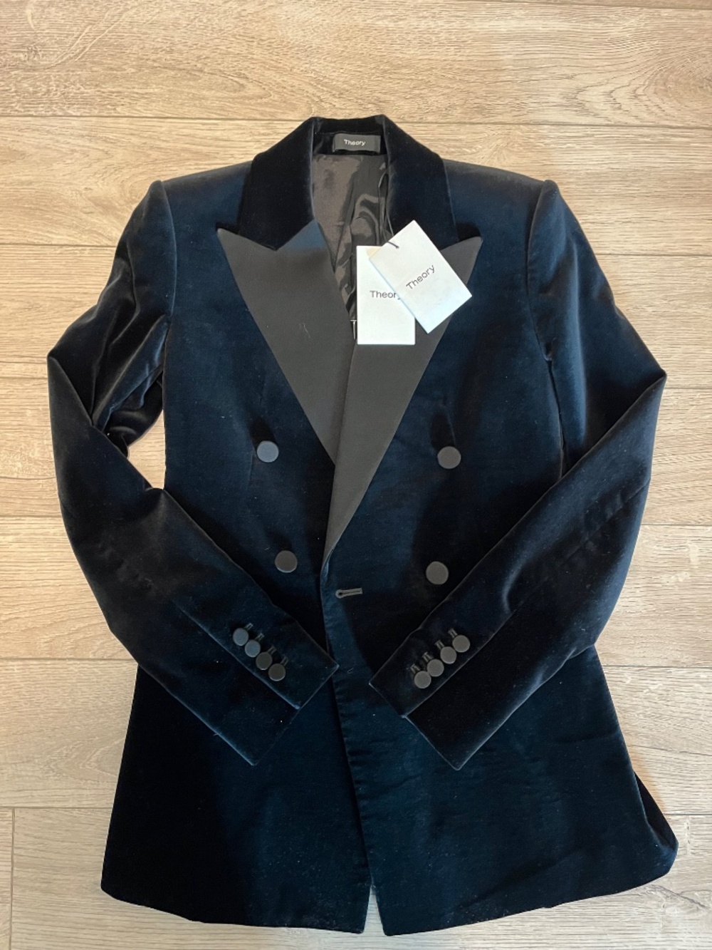 Theory Women’s Velvet Double Breasted Button Tuxedo Blazer Jacket Black Size 00